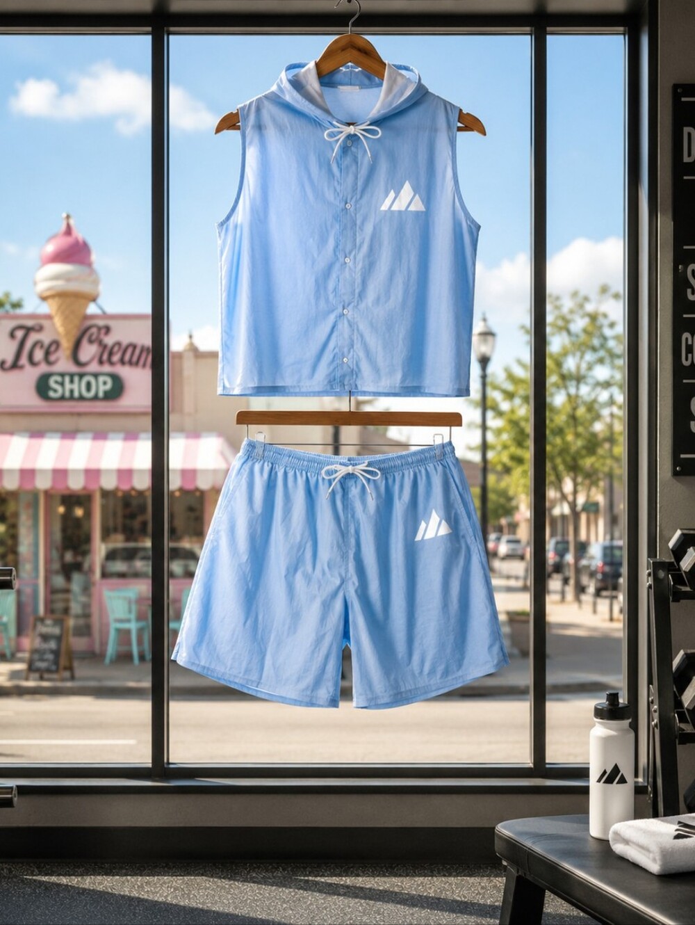Light Blue Sleeveless Hooded Men’s Shorts Set